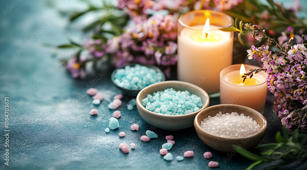 Relaxing spa composition with burning candles and colorful bath salt Relaxing spa composition with burning candles and colorful bath salt