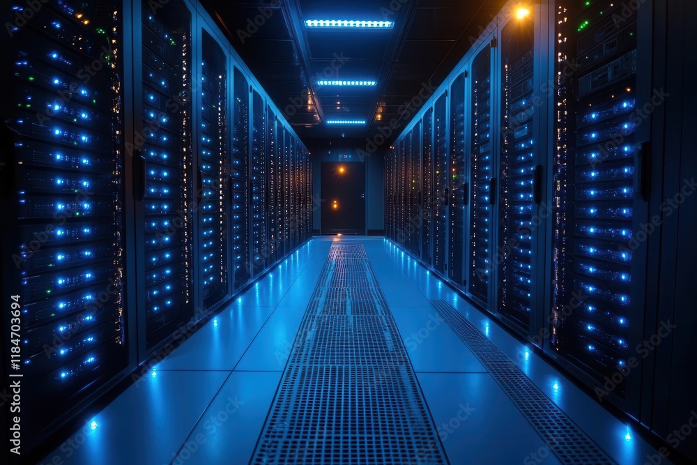 Fototapeta premium modern data center interior with blue led lights illuminating rows of server racks network cables and advanced cooling systems