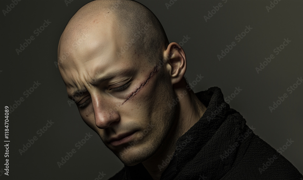 A pensive man with a scar on his face looks downward, reflecting deep emotions against a muted background. A pensive man with a scar on his face looks downward, reflecting deep emotions against a muted background.