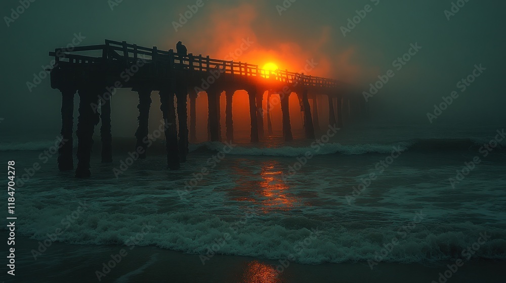 Fototapeta premium Foggy sunrise over ocean pier.