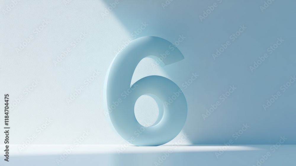 Light blue number six standing on light blue surface with light blue background Light blue number six standing on light blue surface with light blue background