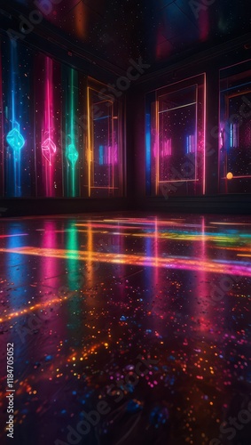 A vibrant 1980s disco dance floor illuminated by colorful neon lights.