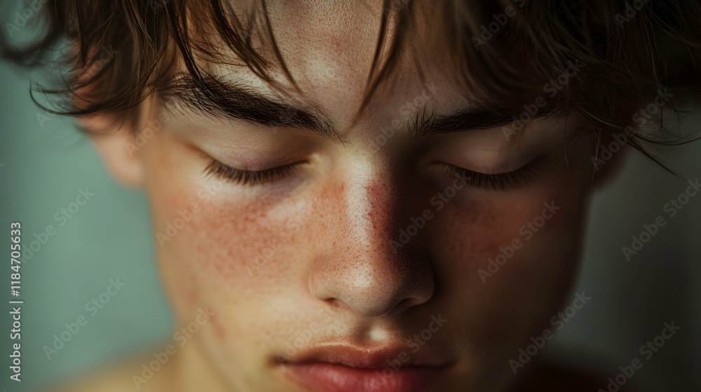 A close-up view of a youthful male with his eyes shut, potentially in contemplation or meditation A close-up view of a youthful male with his eyes shut, potentially in contemplation or meditation