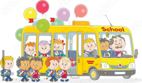 Small yellow school bus with a smiling driver and noisy company of funny little schoolchildren passengers boarding and going to ride, vector cartoon illustration isolated on a white background