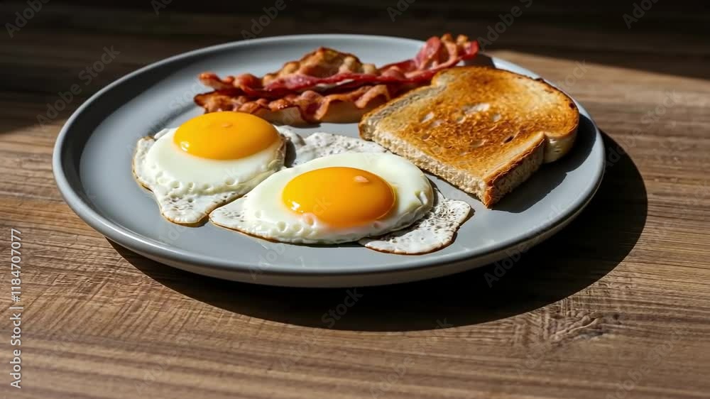 Morning sunlit breakfast: eggs, toast, and crispy bacon on rustic table Morning sunlit breakfast: eggs, toast, and crispy bacon on rustic table