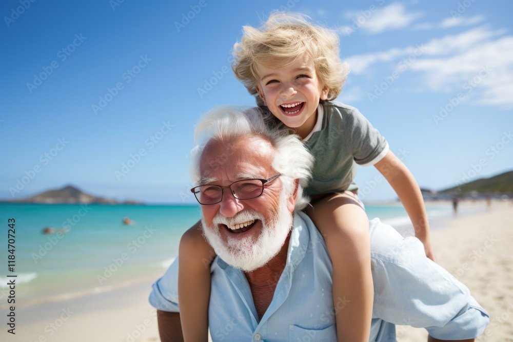 Grandfather carrying grandson on shoulders at the beach, both laughing and enjoying their vacation Grandfather carrying grandson on shoulders at the beach, both laughing and enjoying their vacation