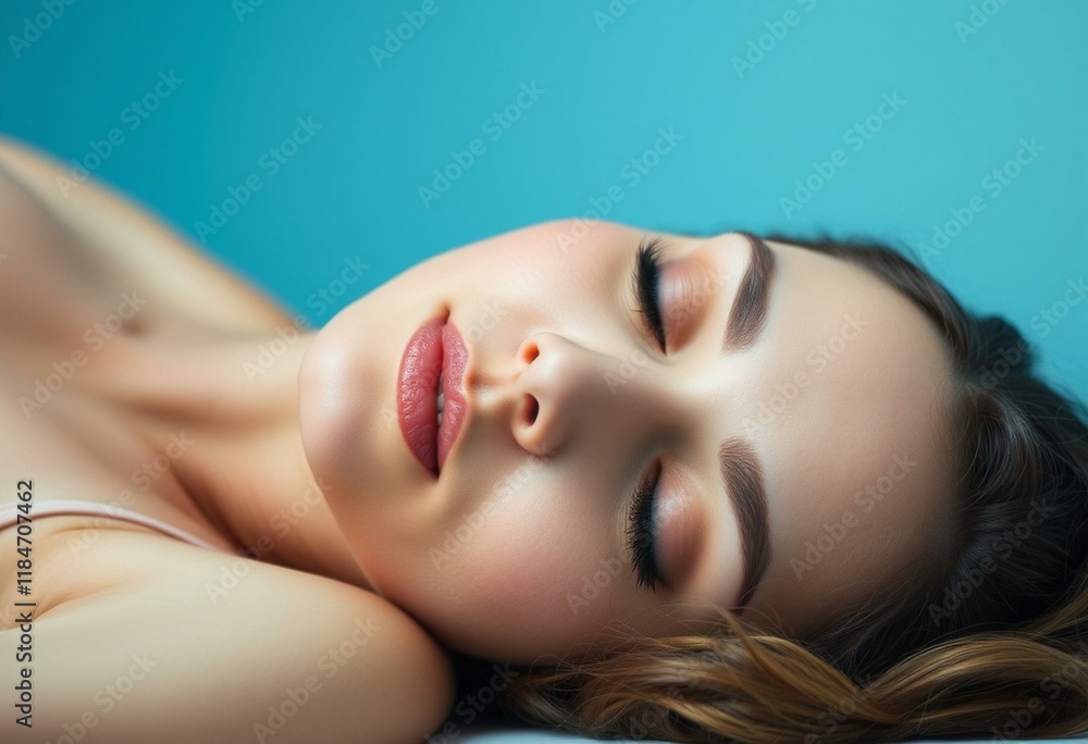 Woman sleeping with a soft blue background Woman sleeping with a soft blue background