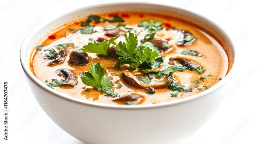 Creamy tom yum soup with mushrooms and fresh parsley in white bowl Creamy tom yum soup with mushrooms and fresh parsley in white bowl