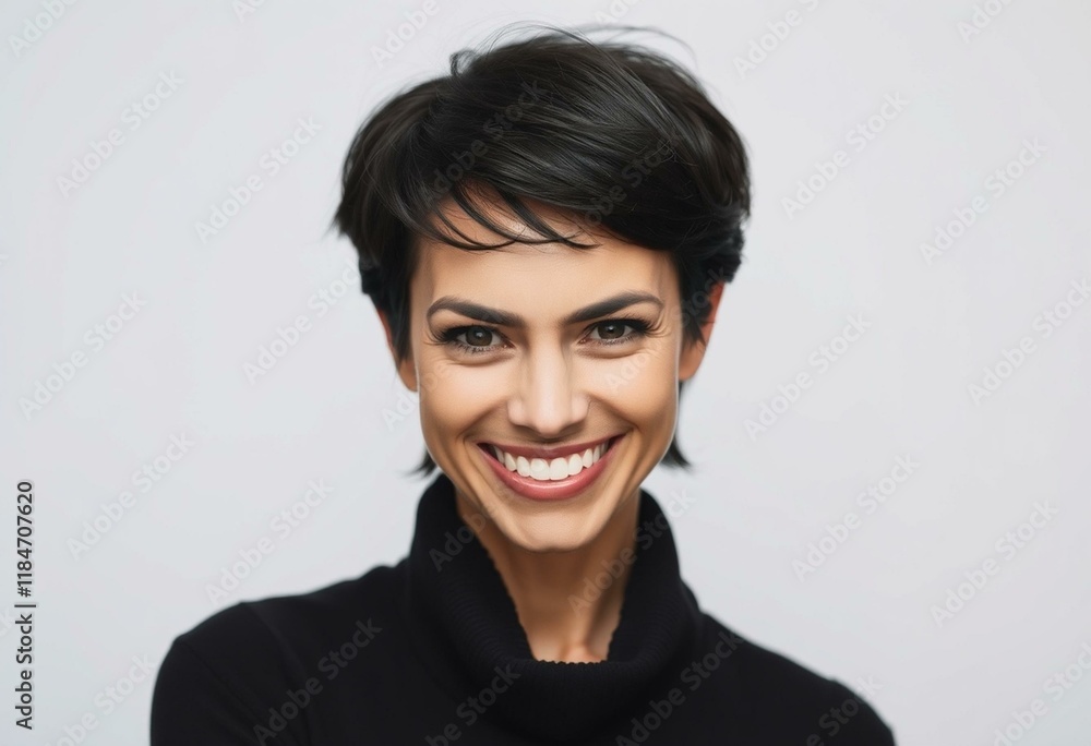 Fototapeta premium Woman with short hair, smiling with a hint of playfulness