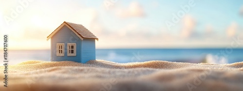 A small blue house on a sandy beach with ocean waves and a bright sky.