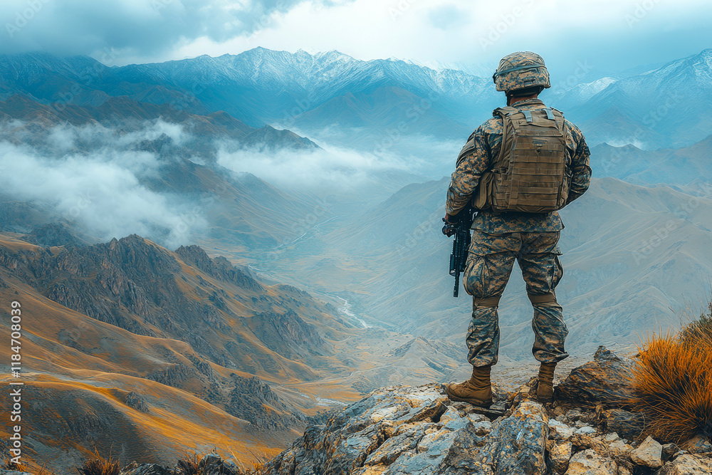 Amidst misty mountains, a soldier in camouflage stands firm upon a rugged rock, gripping his weapon with a determined gaze Amidst misty mountains, a soldier in camouflage stands firm upon a rugged rock, gripping his weapon with a determined gaze