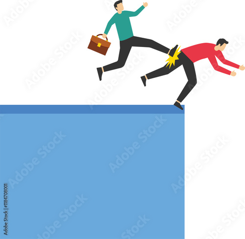 Not a suitable candidate. Businessman nudge partner over the abyss down. Business failure. Nudge. Flat vector illustration

