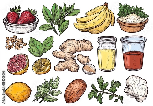 Big vector set of healthy food ingredients.