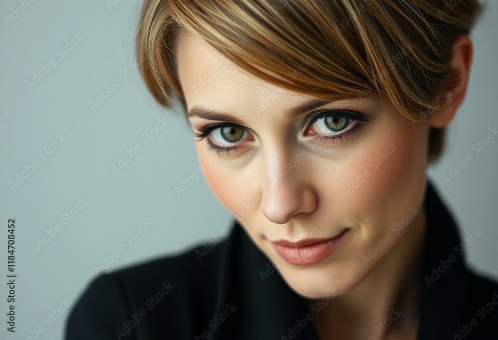 Fototapeta premium Portrait of a woman with short hair and subtle facial expression