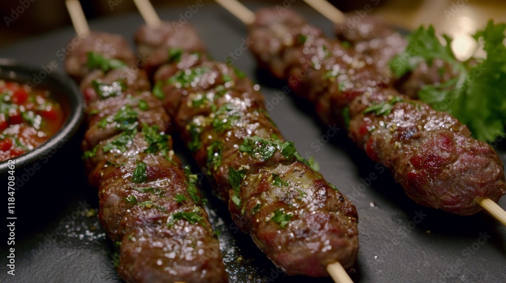 A close-up of beef skewers with a rich glaze, set against a dark stone background with garnishes of fresh parsley and a small bowl of spicy sauce. A close-up of beef skewers with a rich glaze, set against a dark stone background with garnishes of fresh parsley and a small bowl of spicy sauce.