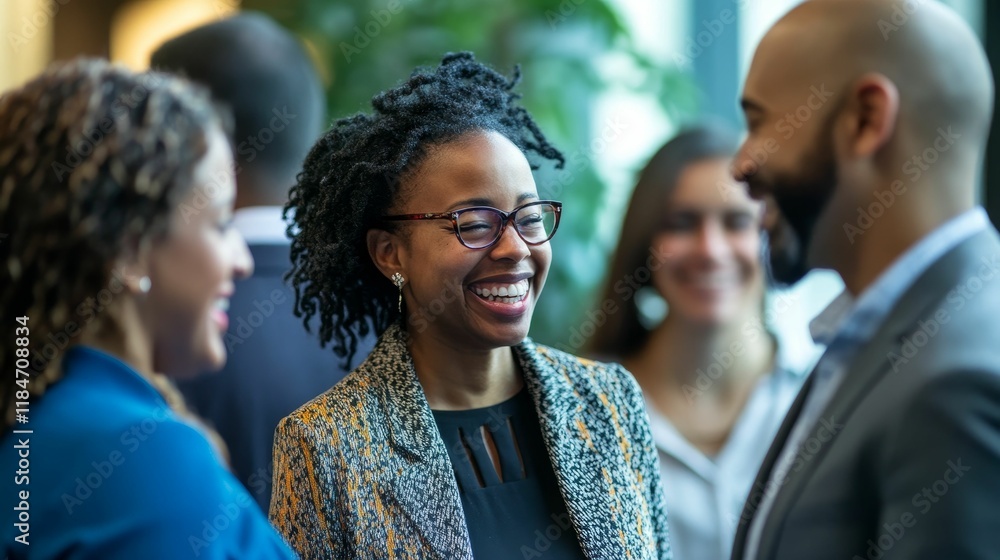 Three smiling people conversing, business attire, blurred background. Three smiling people conversing, business attire, blurred background.
