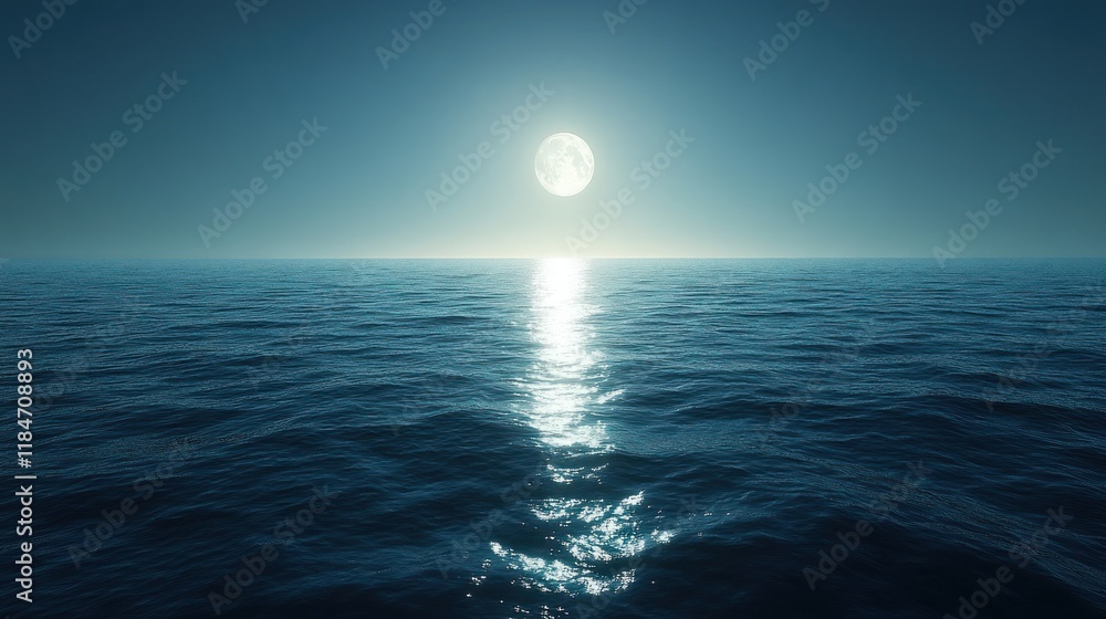 Full moon over calm ocean at night. Full moon over calm ocean at night.