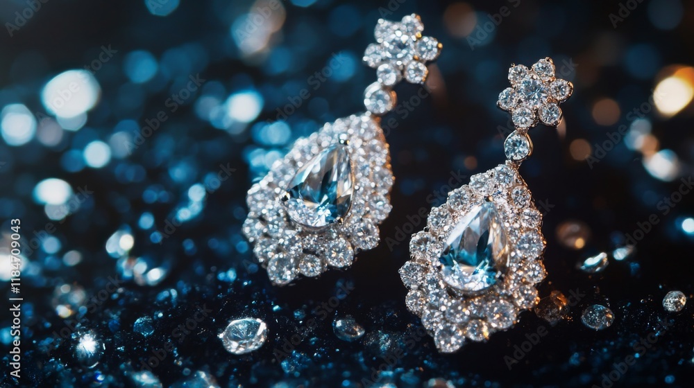 A close-up of diamond earrings with a sparkling, multi-faceted design, displayed on a dark background to enhance their dazzling appearance. A close-up of diamond earrings with a sparkling, multi-faceted design, displayed on a dark background to enhance their dazzling appearance.