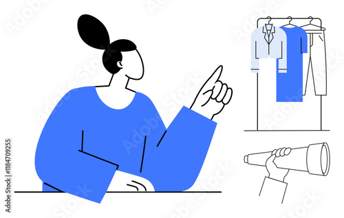 Woman pointing upwards with telescope and clothes on hangers representing decision making, planning, and foresight. Ideal for career guidance, personal development, strategic planning, goal setting
