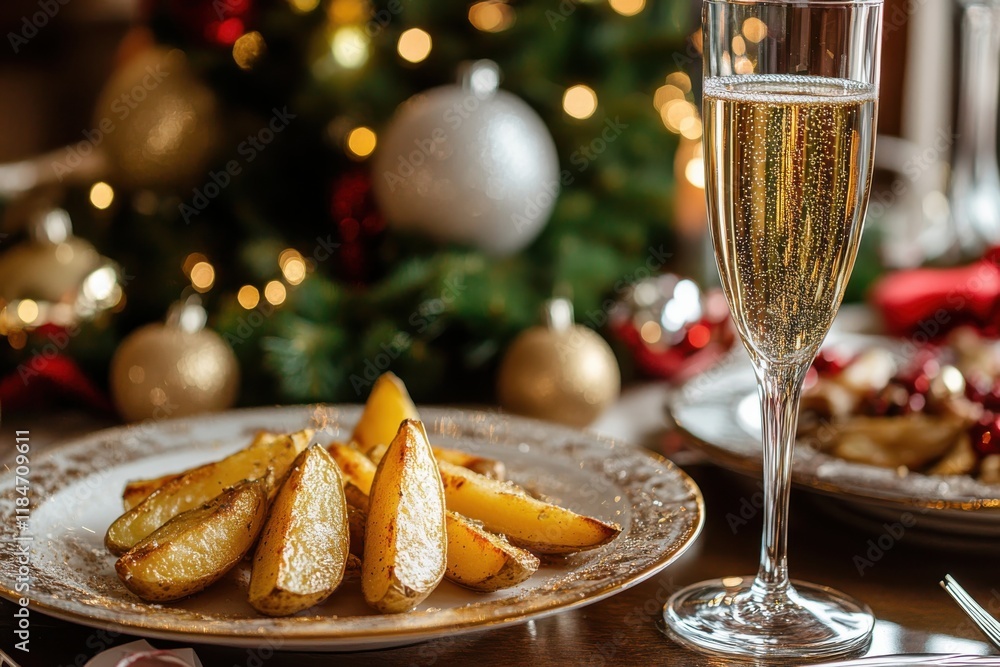 Obraz premium Festive table arrangement showcasing golden potato wedges and an elegant champagne glass perfect for a warm christmas celebration and holiday get-togethers