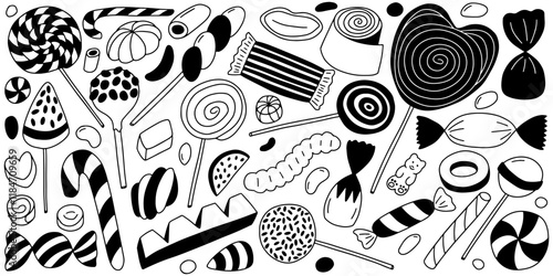 Hand drawn sweets and candies doodle set. Lollypops, chocolate, jelly, marmalade and candies vector set
