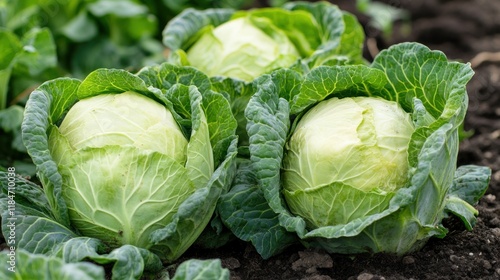 Three Green Cabbages in a Garden Bed