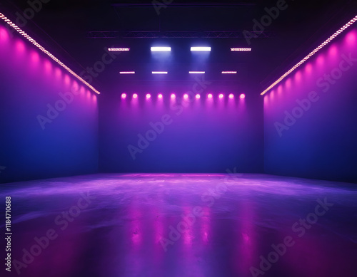 Wallpaper Mural purple stage with spotlight, The dark stage is an empty dark blue, purple, and pink mixed background of neon lights. the studio room with smoke floating up in the room, AI generated Torontodigital.ca