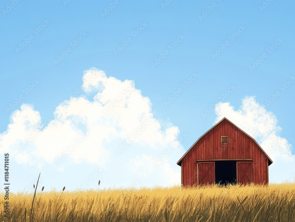 Red Barn in a Golden Wheat Field Under a Blue Sky Red Barn in a Golden Wheat Field Under a Blue Sky