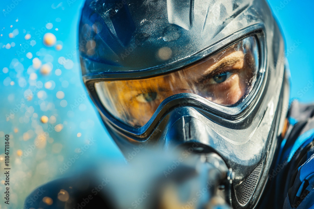 Close-Up of Paintball Players in Action, Wearing Protective Masks and Gear, Generative AI art Close-Up of Paintball Players in Action, Wearing Protective Masks and Gear, Generative AI art