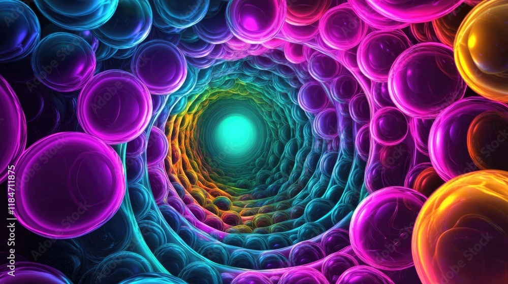 Glowing neon bubbles creating a tunnel effect, infinite and futuristic, colorful bubbles, visual illusion Glowing neon bubbles creating a tunnel effect, infinite and futuristic, colorful bubbles, visual illusion