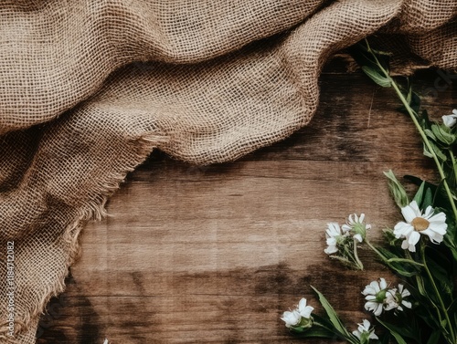 Rustic Wooden Background with Burlap and White Flowers