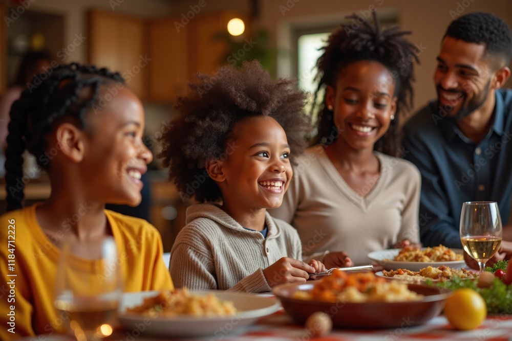 A smiling Black child enjoys a Thanksgiving feast with family, while the table is filled with traditional dishes under soft, ambient lighting. Colorful decorations enhance the festive atmosphere A smiling Black child enjoys a Thanksgiving feast with family, while the table is filled with traditional dishes under soft, ambient lighting. Colorful decorations enhance the festive atmosphere