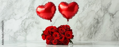 Red roses bouquet and heart shaped balloons floating on marble background