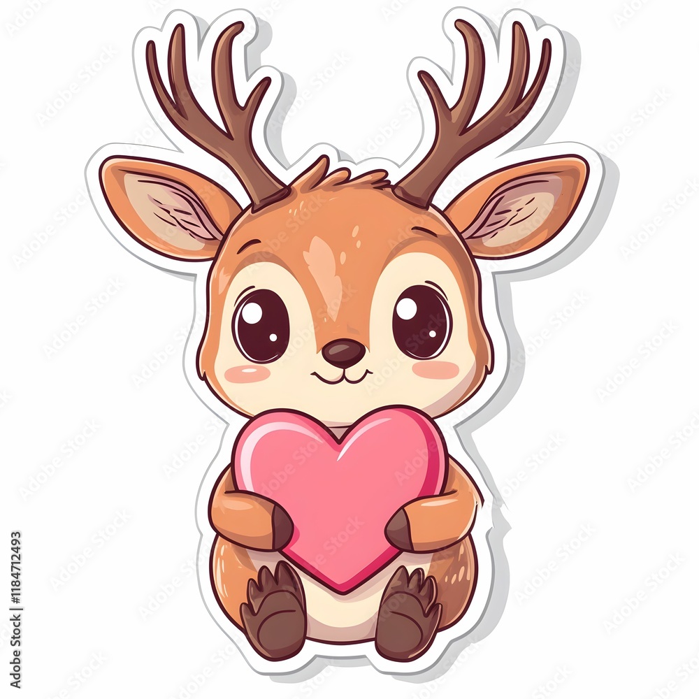 Cute cartoon deer holding a heart in a playful design with colorful features Cute cartoon deer holding a heart in a playful design with colorful features