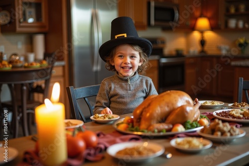 A joyful child wearing a Pilgrim hat stands alone at a beautifully set Thanksgiving table, featuring a golden turkey and delicious side dishes. photo