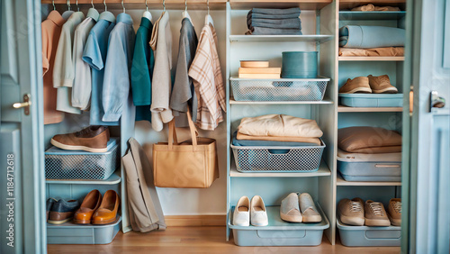 Wallpaper Mural Student Dorms. Organized closet with clothes and shoes neatly arranged for efficient storage
 Torontodigital.ca