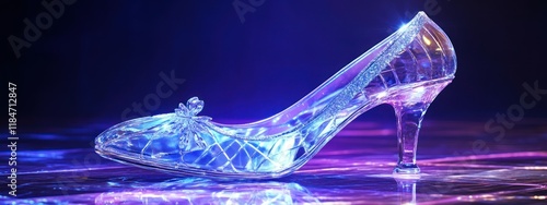 A sparkling glass high-heeled shoe illuminated with colorful lights on a reflective surface.