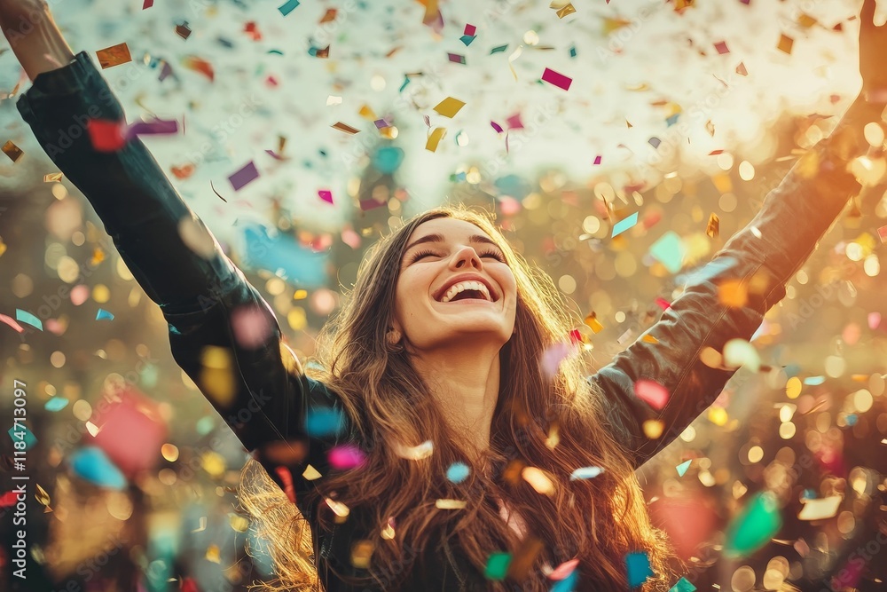 Fototapeta premium Joyful woman, confetti, celebratory, arms raised, happy.