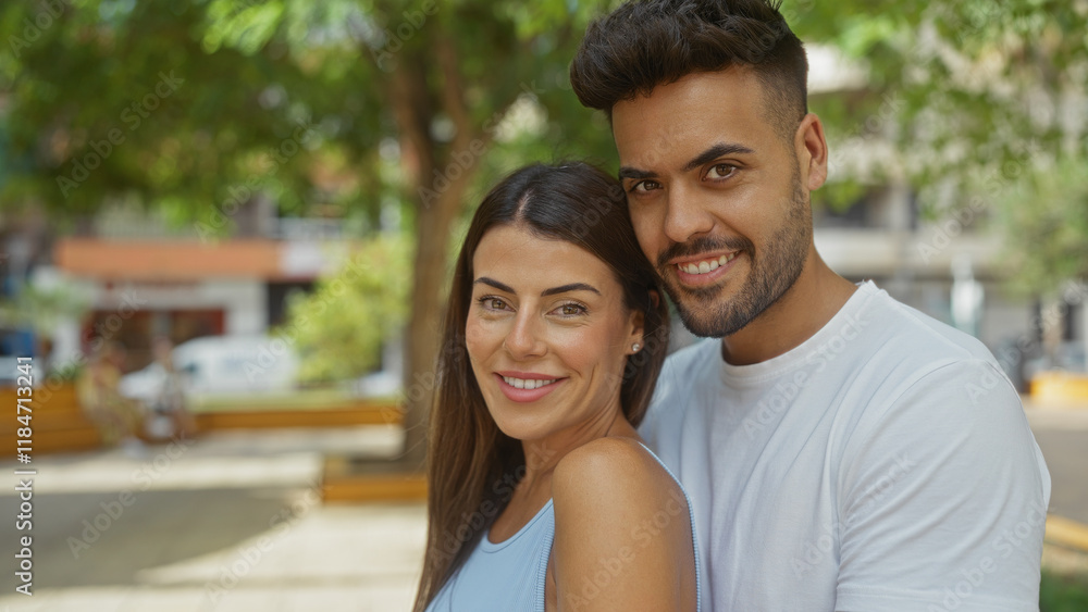 Smiling couple standing close together in a sunny urban park with a backdrop of trees and buildings, capturing a moment of love and happiness outdoors Smiling couple standing close together in a sunny urban park with a backdrop of trees and buildings, capturing a moment of love and happiness outdoors