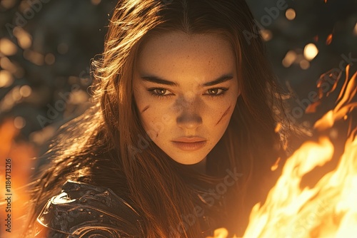 A  collage image of a powerful warrior woman casting a fire spell in battle photo