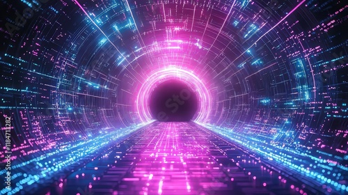 Vibrant, neon-lit circular portal with swirling energy and glowing sparks. The abstract design features a blue aura, creating a futuristic gateway with a bright, magical effect in space