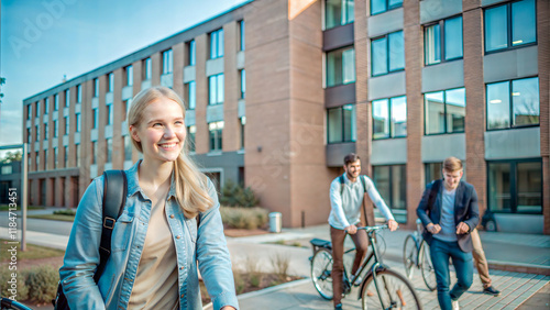 Student Dorms. Cheerful young students biking and walking near modern student dorms, vibrant campus life in a sunny atmosphere, copy space