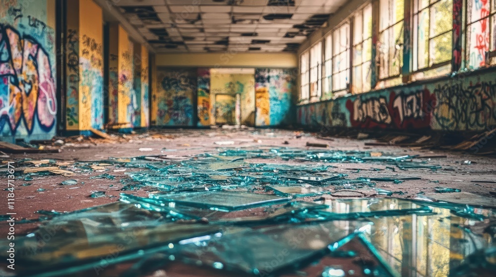 A grungy room with shattered glass on the floor, graffiti-covered walls, and weathered surfaces under dim lighting. A grungy room with shattered glass on the floor, graffiti-covered walls, and weathered surfaces under dim lighting.