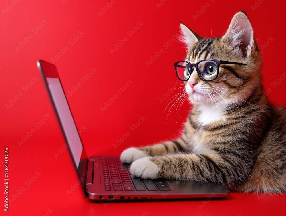 Cute cat or Kitten Wearing Glasses Using Laptop with Red Background for Technology and Pet-Themed Advertising or Education Concepts Cute cat or Kitten Wearing Glasses Using Laptop with Red Background for Technology and Pet-Themed Advertising or Education Concepts