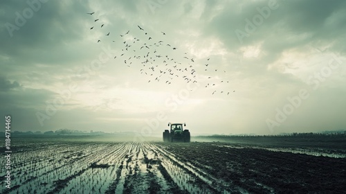 Tranquil Scene of Plowing in a Paddy Field