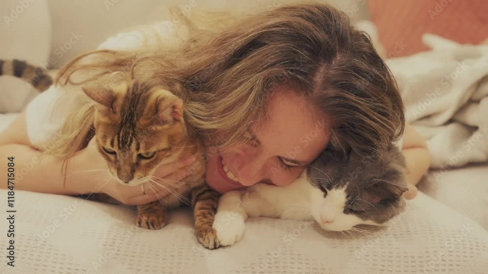 happy woman lying on sofa hugging two cute cats, joyfully kissing bengal cat and non-pedigree fluffy cat. Joyful family person friends with animals pets concept love care. girl casual clothes pajamas happy woman lying on sofa hugging two cute cats, joyfully kissing bengal cat and non-pedigree fluffy cat. Joyful family person friends with animals pets concept love care. girl casual clothes pajamas