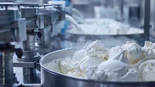 Industrial Ice Cream Production Line with Freshly Made Ice Cream in Stainless Steel Equipment