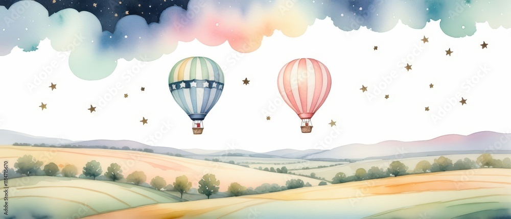 Obraz premium Pastel-toned watercolor artwork of a hot air balloon over a peaceful rural landscape