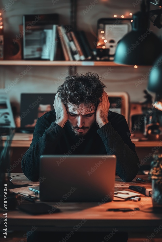 Frustrated man at desk, laptop, stressed. Frustrated man at desk, laptop, stressed.
