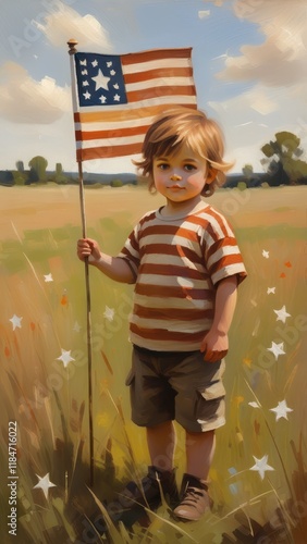 Soft brushstroke painting of a child standing in a field holding a patriotic flag photo